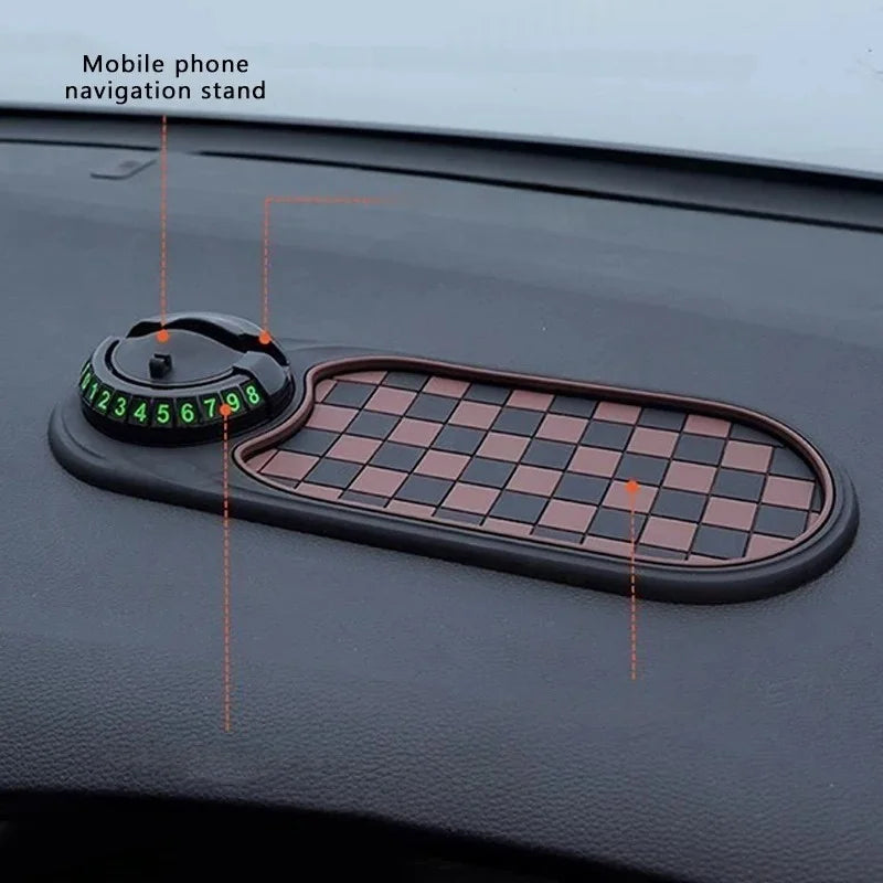 Multifunction Car Anti-Slip Mat, Rotatable Anti Skid Car Dashboard Pad with Temporary Parking Numbe, Universal Car Phone Holder