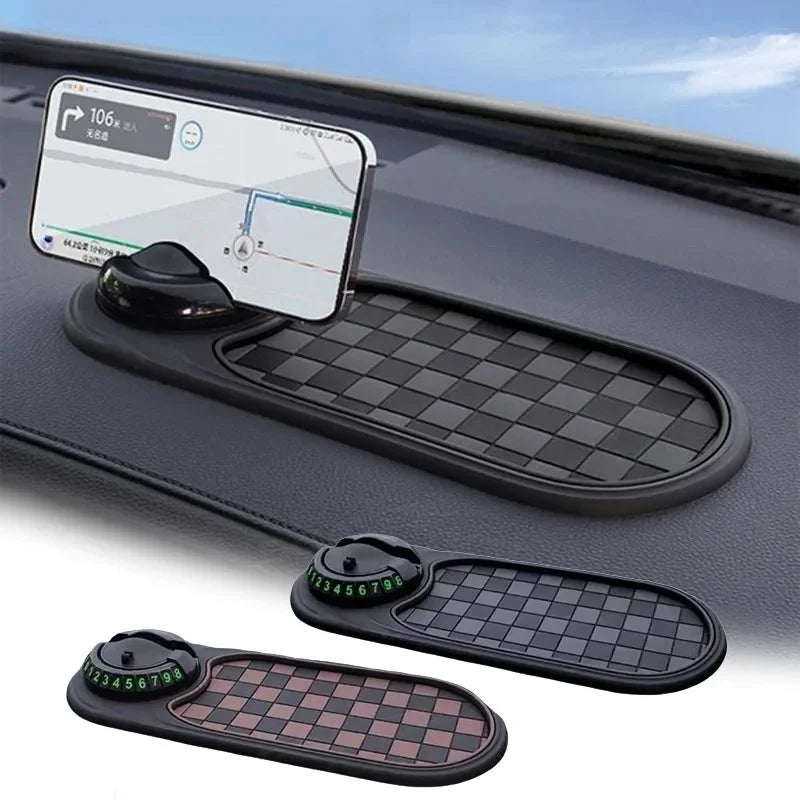 Multifunction Car Anti-Slip Mat, Rotatable Anti Skid Car Dashboard Pad with Temporary Parking Numbe, Universal Car Phone Holder