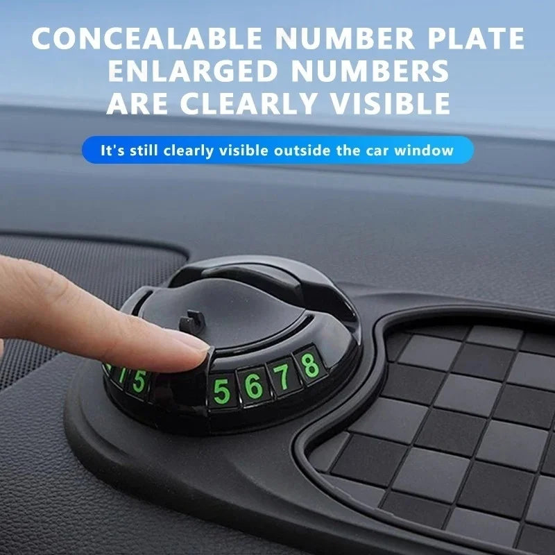 Multifunction Car Anti-Slip Mat, Rotatable Anti Skid Car Dashboard Pad with Temporary Parking Numbe, Universal Car Phone Holder